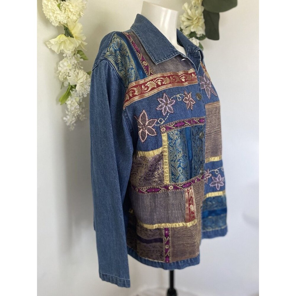 Bedford Fair Lifestyles Jean Shirt Jacket w Embroidery Appliques Beads Sz L Vtg - Picture 15 of 16